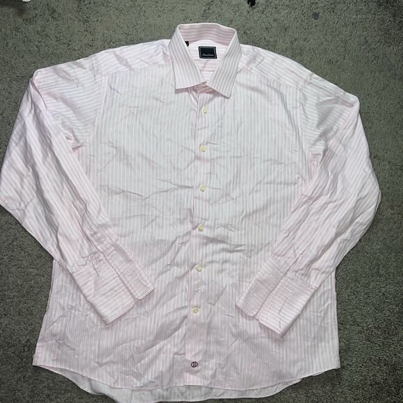 David Donahue Mens Dress Shirt Size 17 34/35 Striped Pink & White - Picture 1 of 6